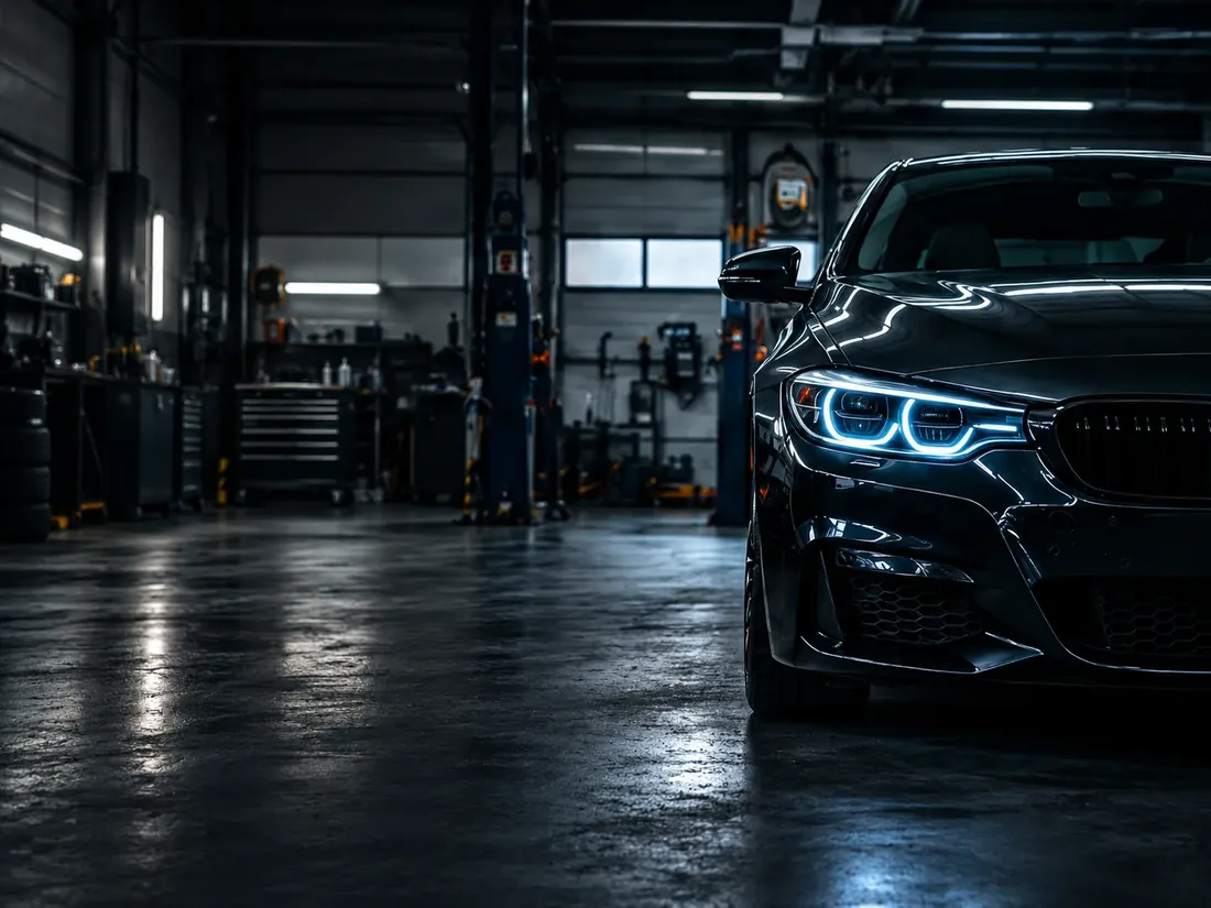Automobile scura nell'officina, con i fari accesi